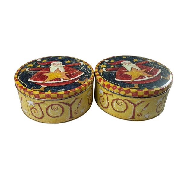 Lot 2 Christmas Cookie Tin 7.75" Yellow Joy Vintage Motif Round Large u - Picture 1 of 6